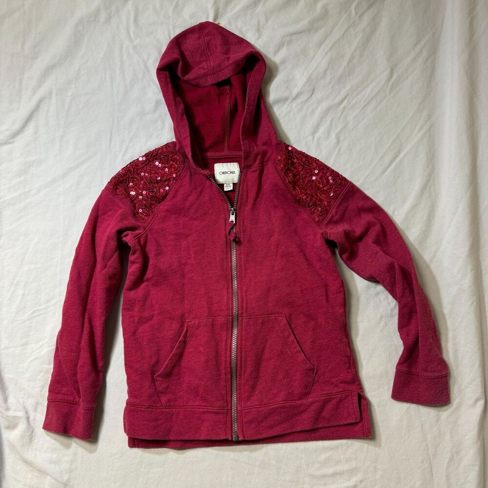 Cherokee Hoodie Sweatshirt Girls 10-12 L Red Sequin Full Zip Hood Jacket School